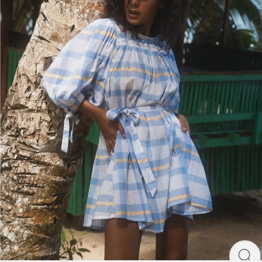 Daughters of India cotton Blue and Yellow Plaid Dress